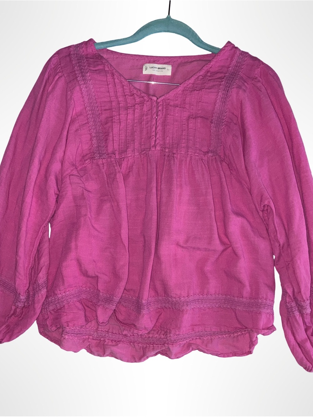 Lucky Brand Pink Pintuck Lace Long Blouson Sleeve Boho Peasant Top Blouse Size L